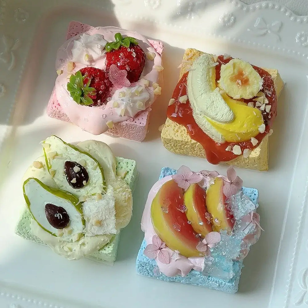 Handmade Realistic Fruit Toast & Milk Tea Silicone Stress Relief Squishy Toy 4-Piece Combo