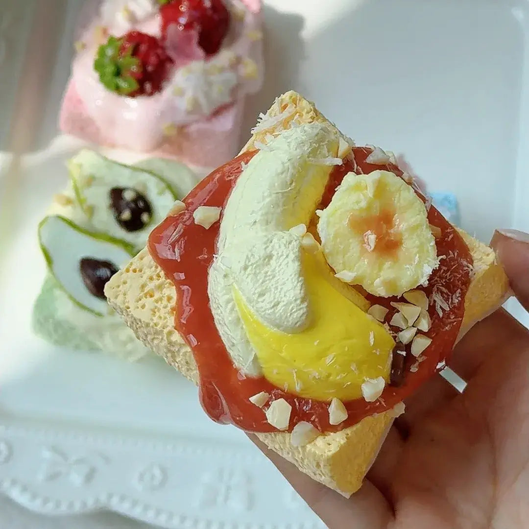 Handmade Realistic Fruit Toast & Milk Tea Silicone Stress Relief Squishy Toy Banana