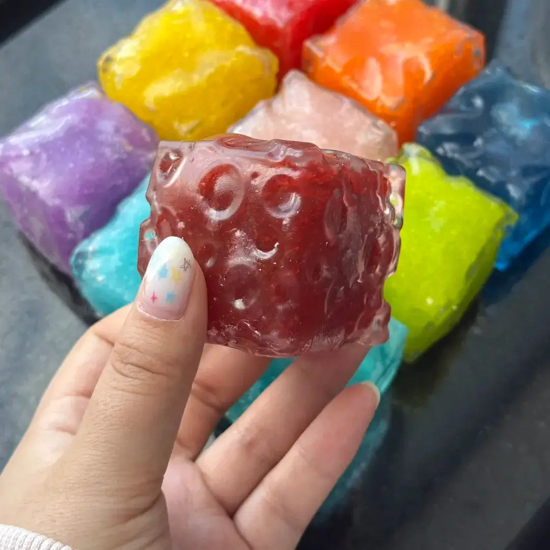 Handmade Mini Cheese Cube Squishy - Slush Filled Sensory Fidget Toy Bayberry Red Slushie