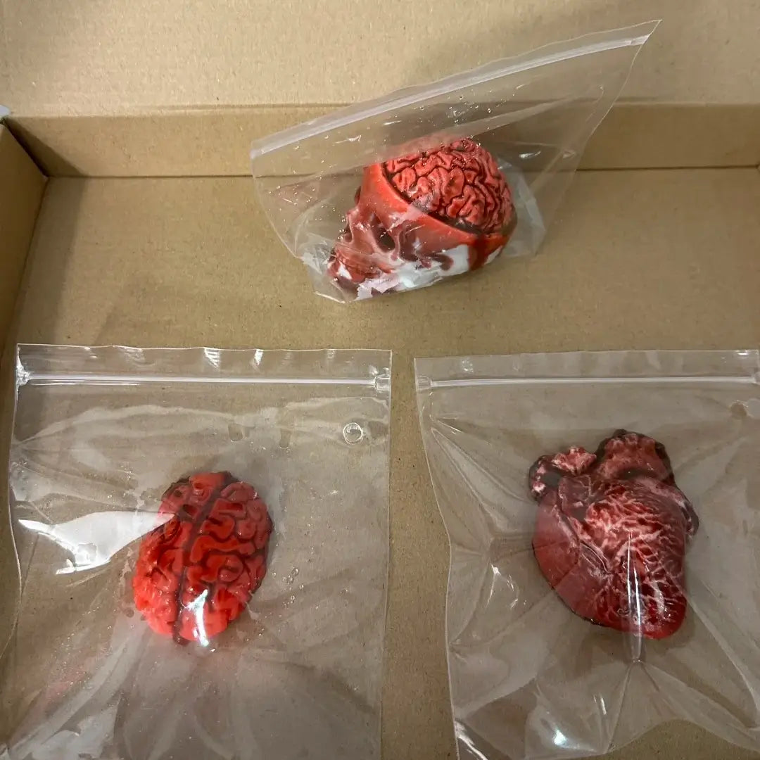 Handmade Halloween Realistic Bleeding Heart & Brain Silicone Stress Relief Toy Heart, Brain & Exposed Brain Skull Set