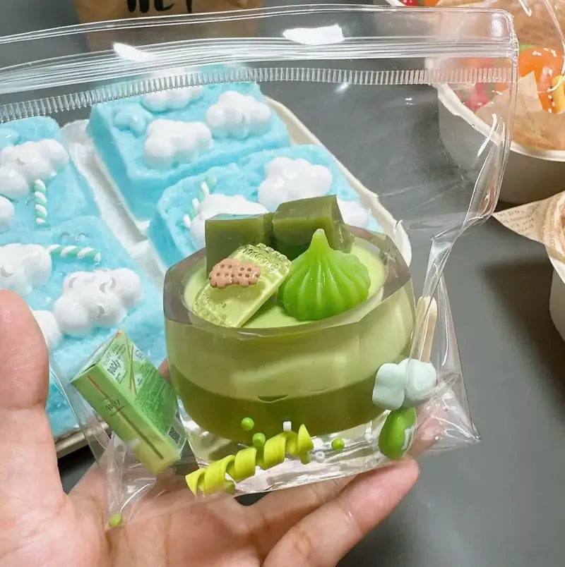 Handmade Silicone Food Squishy - Fruit Jars & Boba Tea Collection Longjing Matcha Cup (with accessories)