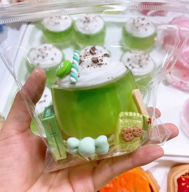 Handmade Silicone Food Squishy - Fruit Jars & Boba Tea Collection Matcha Frappe (with accessories)