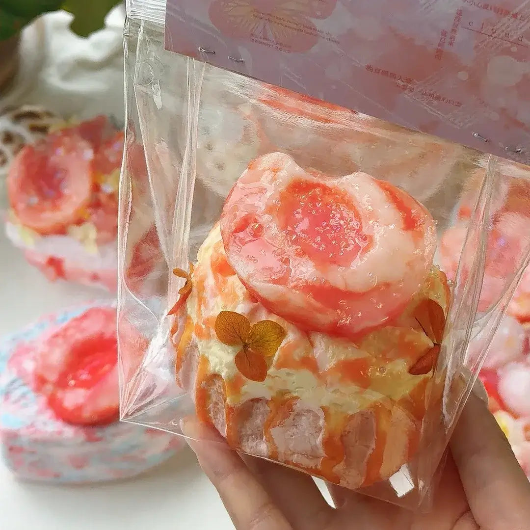 Handmade Realistic Fruit Toast & Milk Tea Silicone Stress Relief Squishy Toy Peach Polo Bun