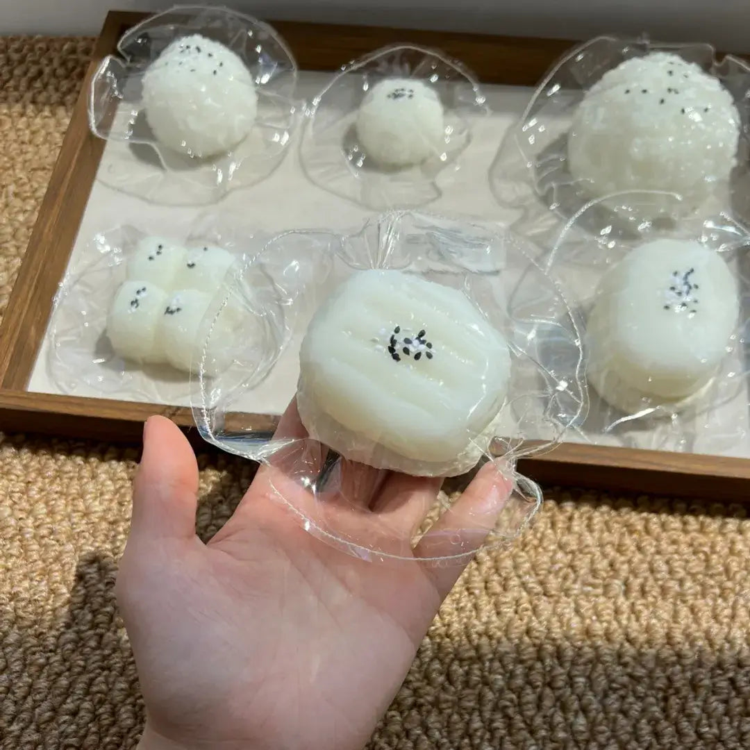 Handmade Cute Rice & Seal Mochi Squishy Toy - Soft ASMR Stress Relief Sticky Rice Pastry (~128g)